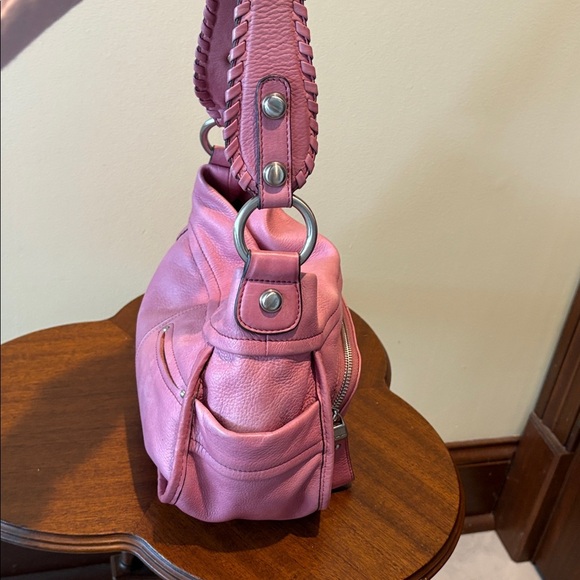 B Makowsky shoulder bag satchel smooth leather faded rose whip stitch strap - Picture 5 of 17